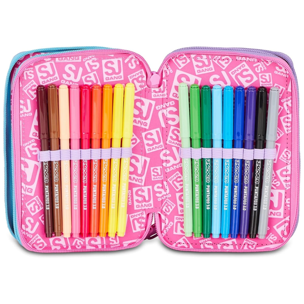 SJ GANG STYLE JAM GANG Astuccio Scuola 3 Zip LED UNICORN GIRL, Viola