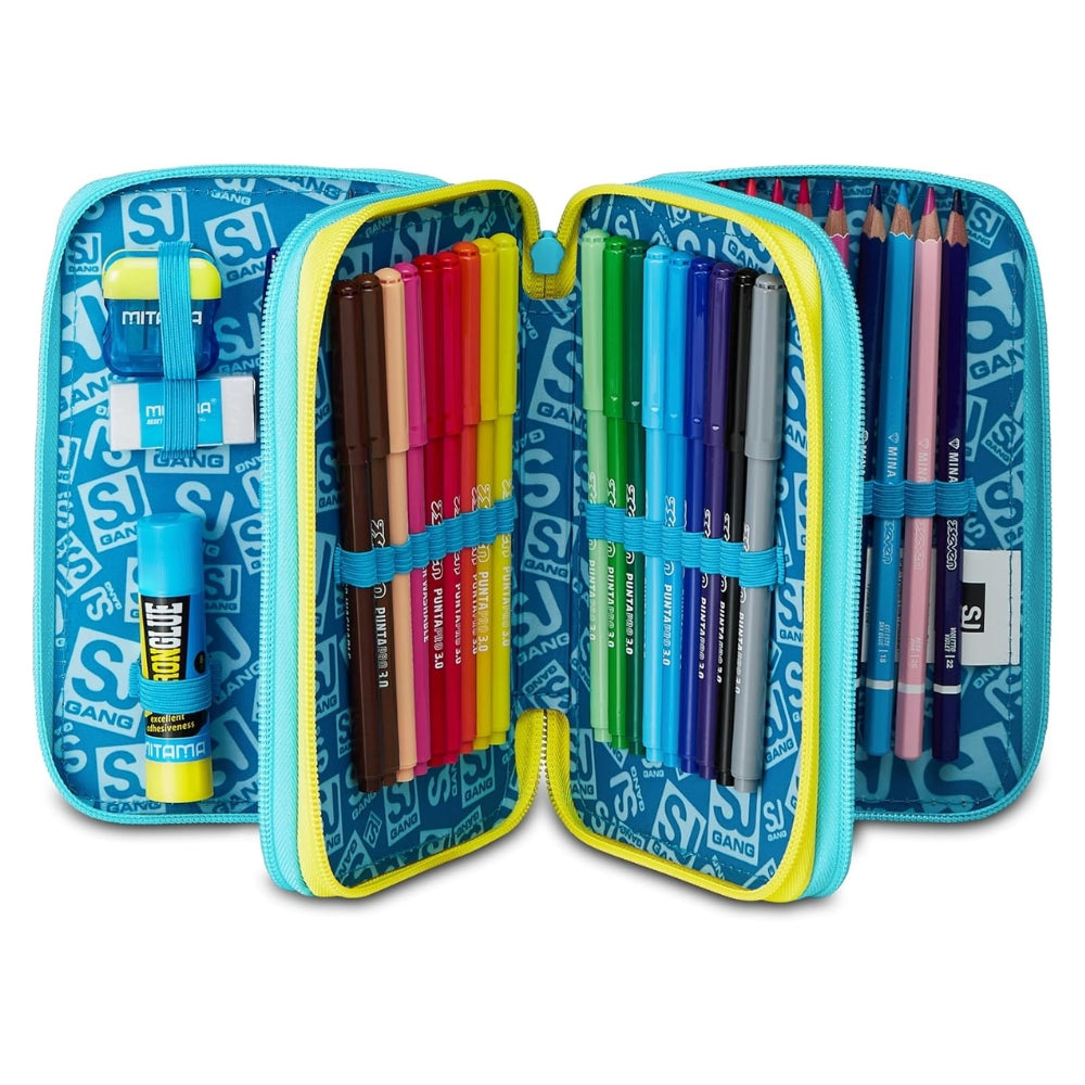 SJ GANG STYLE JAM GANG Astuccio Scuola 3 Zip METAL DRAGON BOY, Celeste, Triplo Scomparto, 45 pezzi, Set cancelleria incluso, Pratica chiusura con zip, Scuola elementare, Bambino
