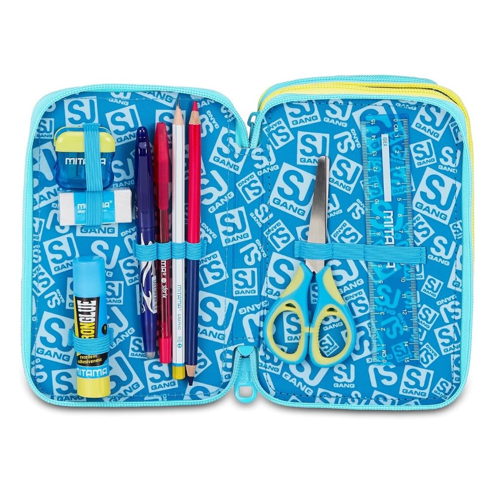SJ GANG STYLE JAM GANG Astuccio Scuola 3 Zip METAL DRAGON BOY, Celeste, Triplo Scomparto, 45 pezzi, Set cancelleria incluso, Pratica chiusura con zip, Scuola elementare, Bambino