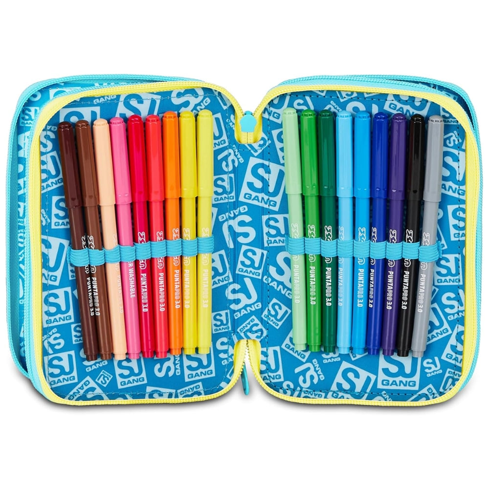 SJ GANG STYLE JAM GANG Astuccio Scuola 3 Zip METAL DRAGON BOY, Celeste, Triplo Scomparto, 45 pezzi, Set cancelleria incluso, Pratica chiusura con zip, Scuola elementare, Bambino