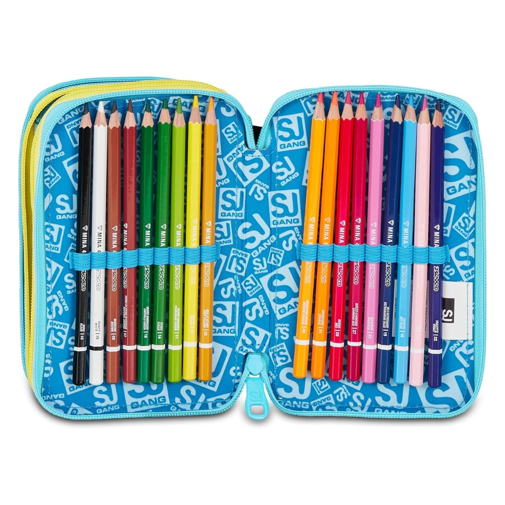 SJ GANG STYLE JAM GANG Astuccio Scuola 3 Zip METAL DRAGON BOY, Celeste, Triplo Scomparto, 45 pezzi, Set cancelleria incluso, Pratica chiusura con zip, Scuola elementare, Bambino