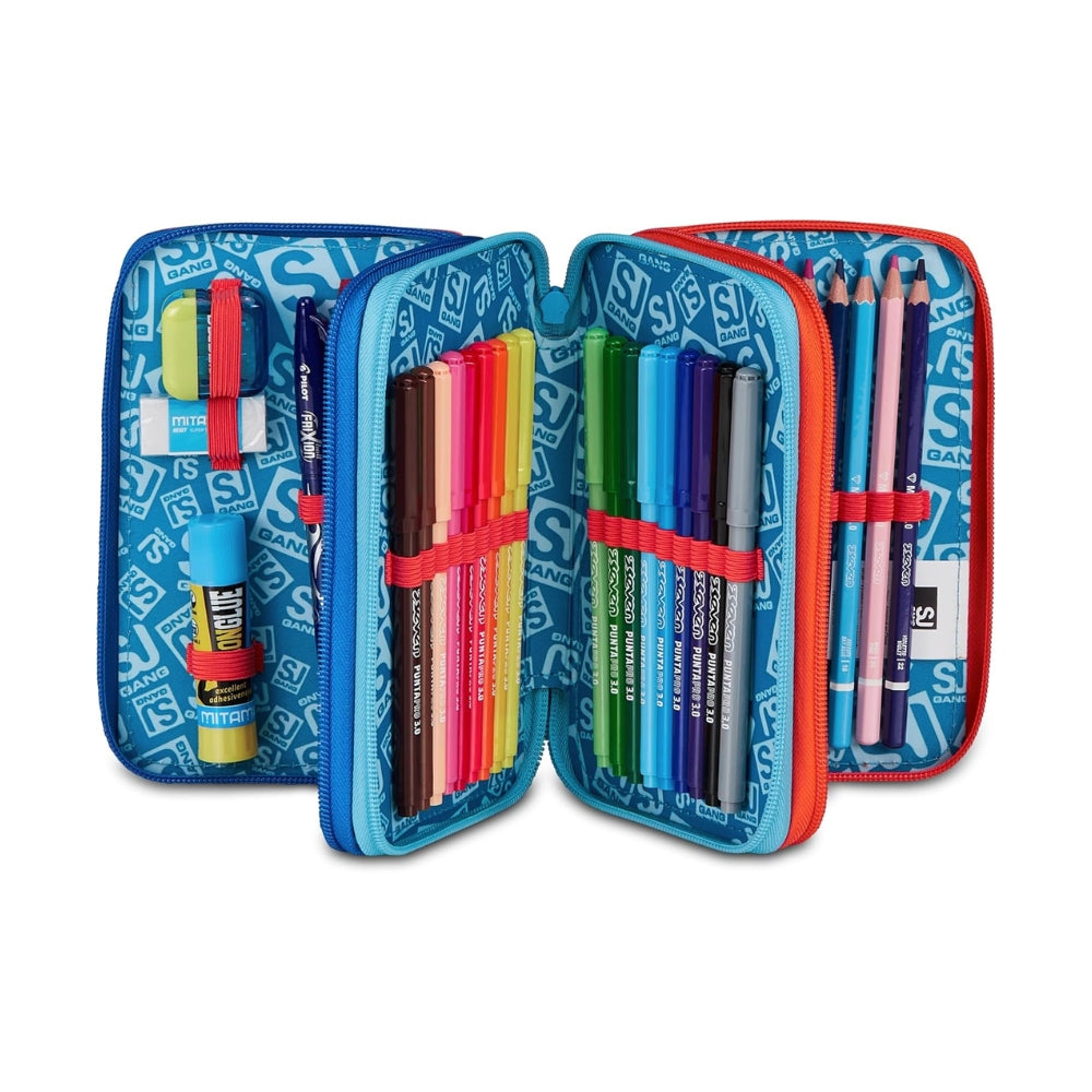 SJ Gang Style Jam Gang Astuccio Scuola 3 Zip Speed Animal Boy – Celeste, Triplo Scomparto, 45 Pezzi