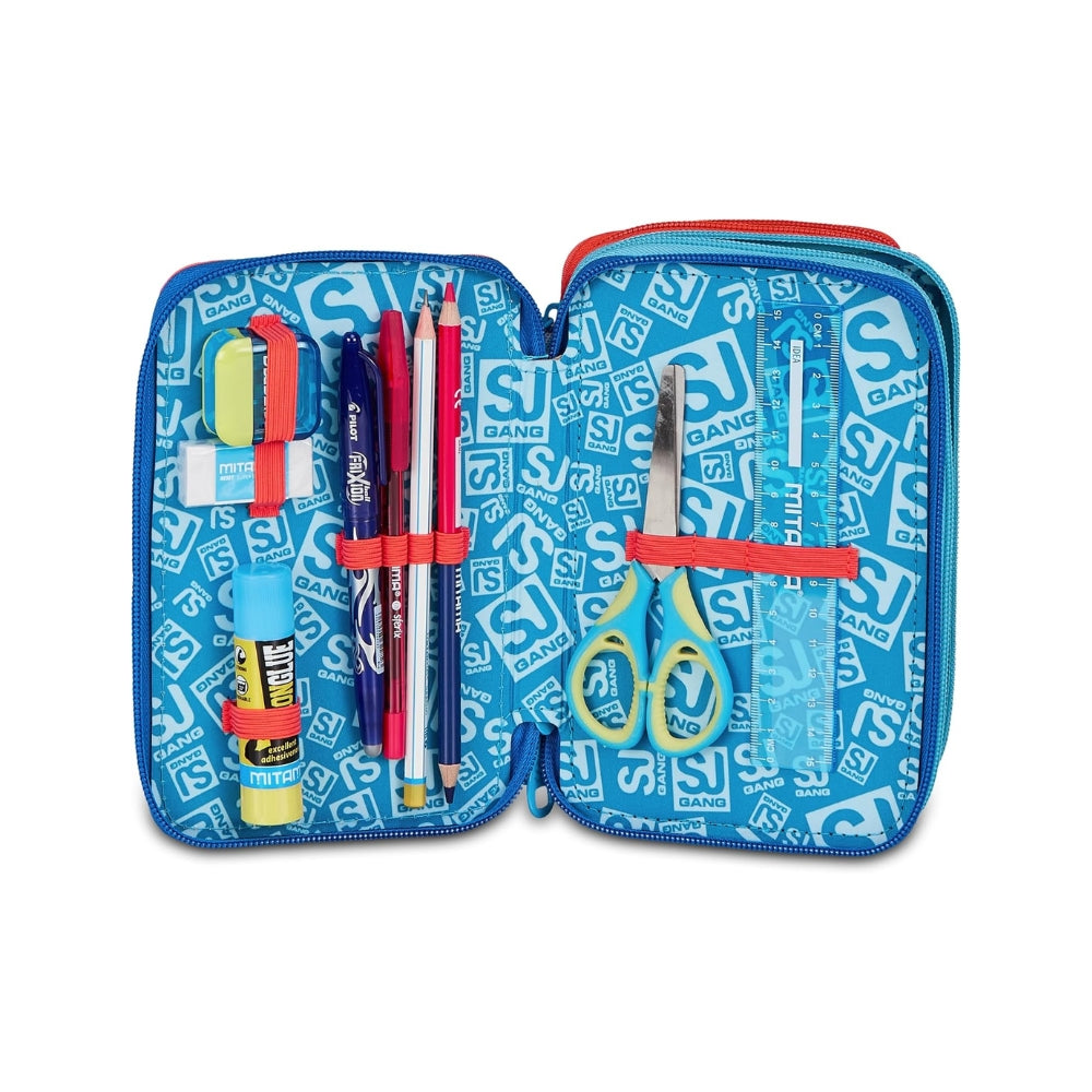 SJ Gang Style Jam Gang Astuccio Scuola 3 Zip Speed Animal Boy – Celeste, Triplo Scomparto, 45 Pezzi
