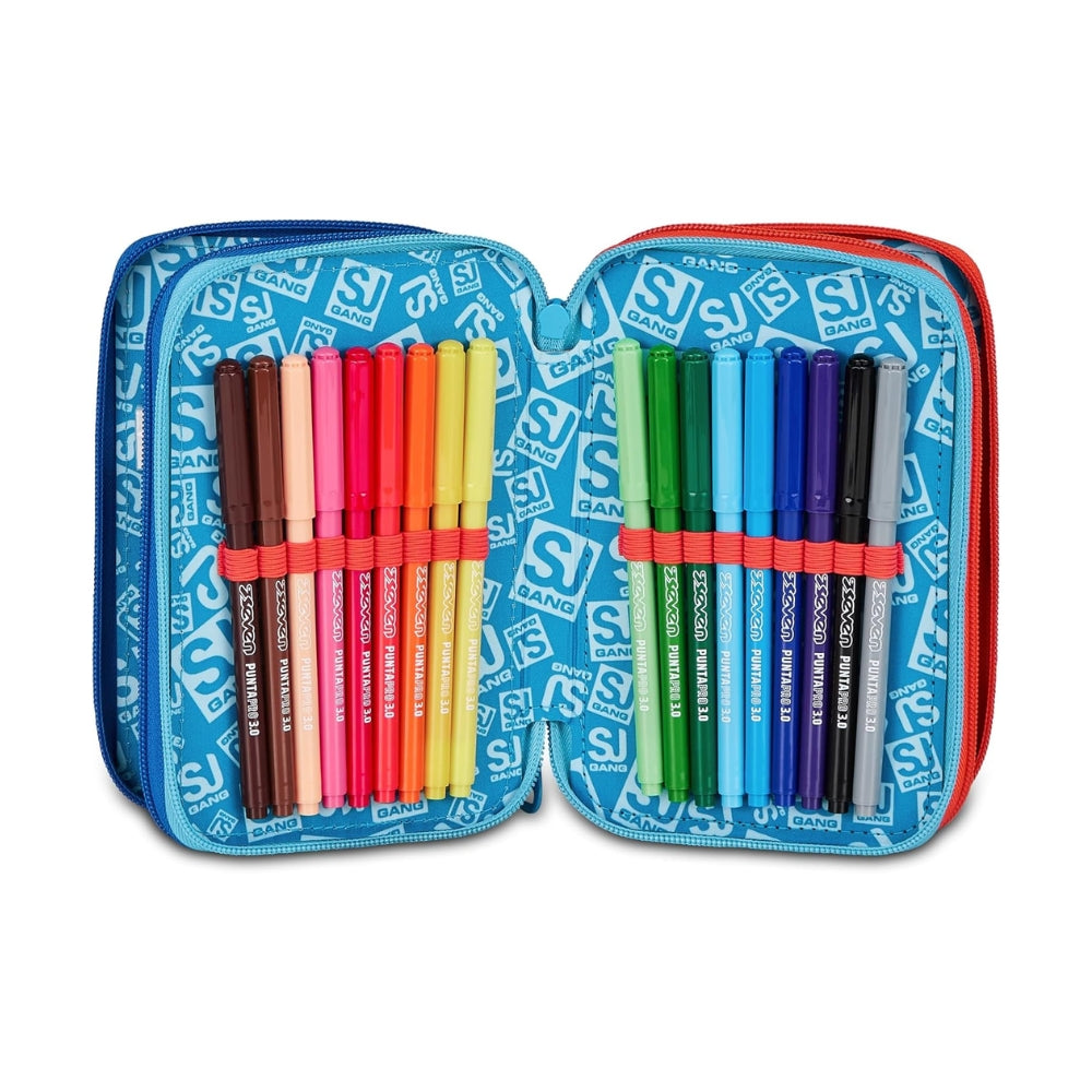 SJ Gang Style Jam Gang Astuccio Scuola 3 Zip Speed Animal Boy – Celeste, Triplo Scomparto, 45 Pezzi