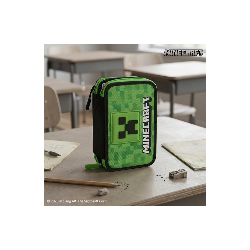 Astuccio Scuola Ufficiale Minecraft a 3 Scomparti con Set Cancelleria