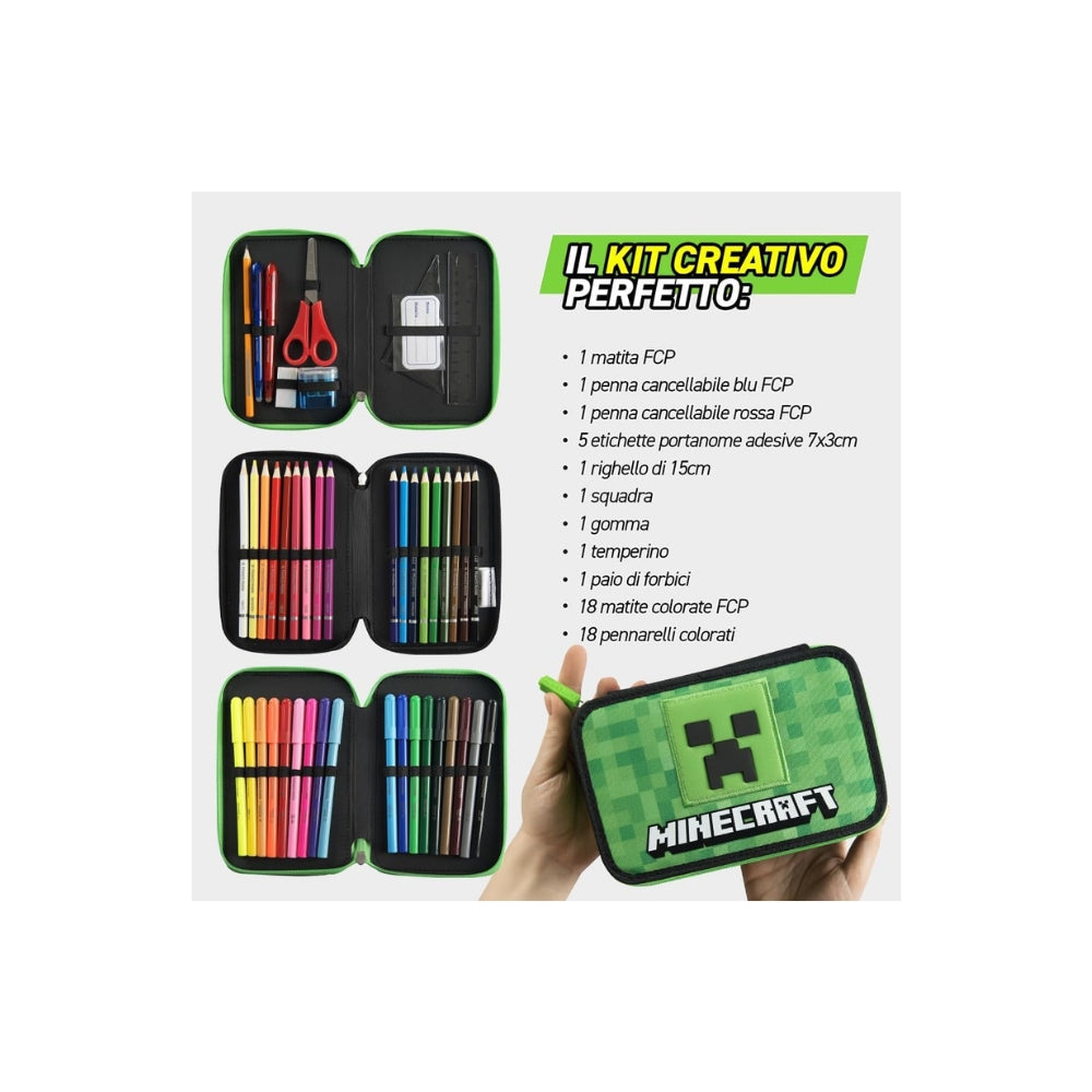 Astuccio Scuola Ufficiale Minecraft a 3 Scomparti con Set Cancelleria