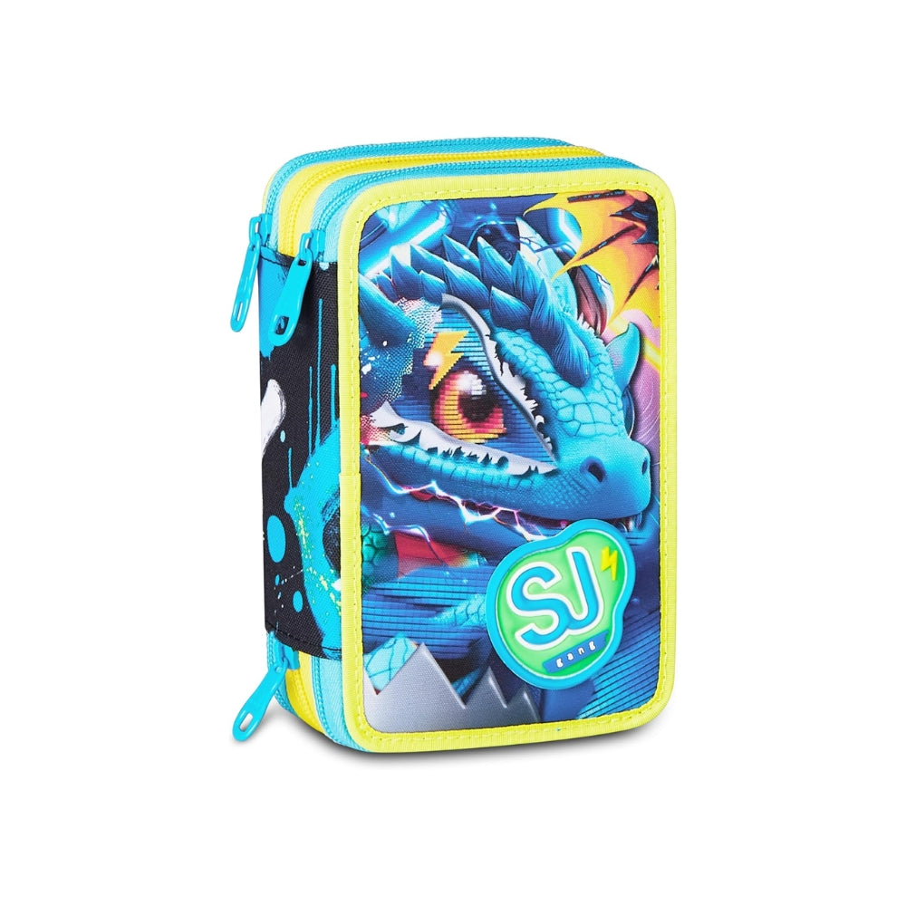 SJ GANG STYLE JAM GANG Astuccio Scuola 3 Zip METAL DRAGON BOY, Celeste, Triplo Scomparto, 45 pezzi, Set cancelleria incluso, Pratica chiusura con zip, Scuola elementare, Bambino