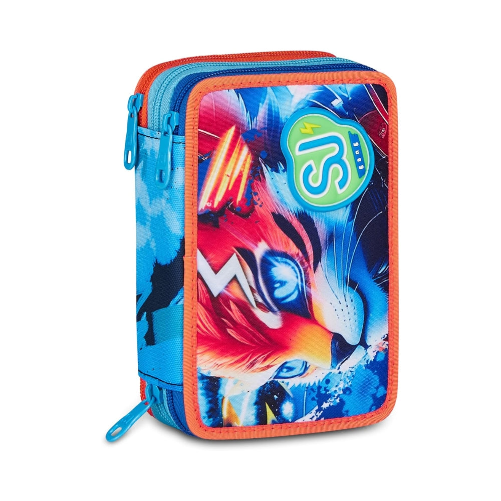 SJ Gang Style Jam Gang Astuccio Scuola 3 Zip Speed Animal Boy – Celeste, Triplo Scomparto, 45 Pezzi