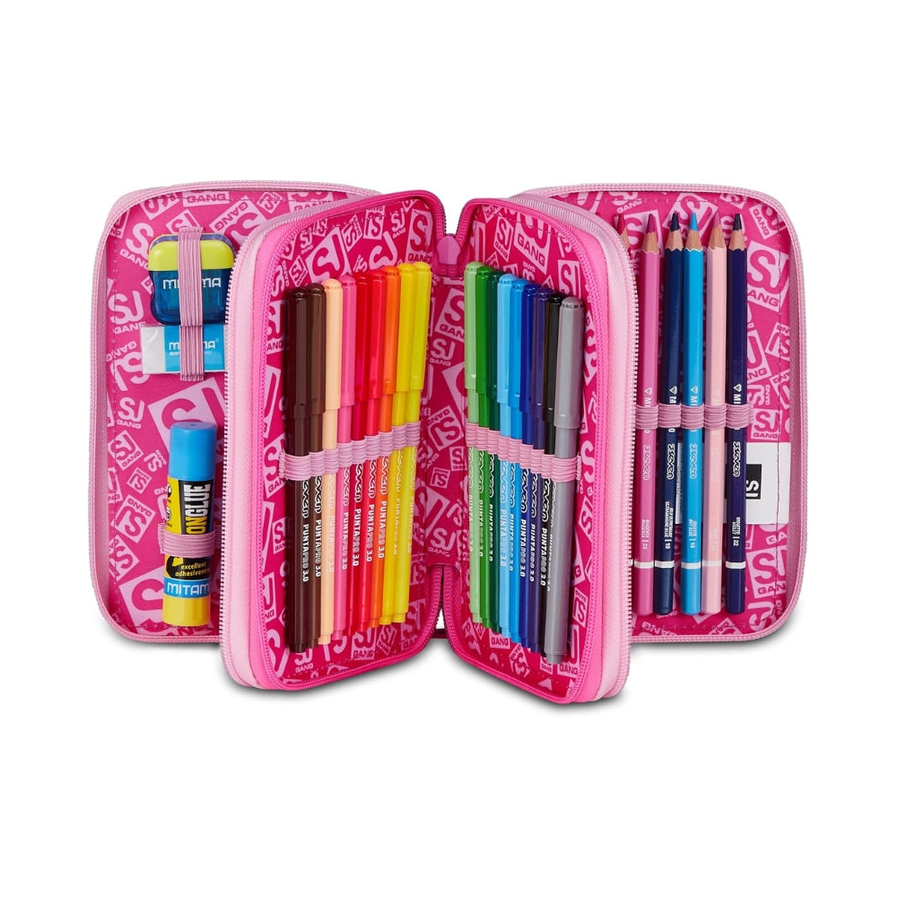 SJ Gang Style Jam Gang Astuccio Scuola 3 Zip Heart Buddy Girl – Rosa, Triplo Scomparto, 45 Pezzi