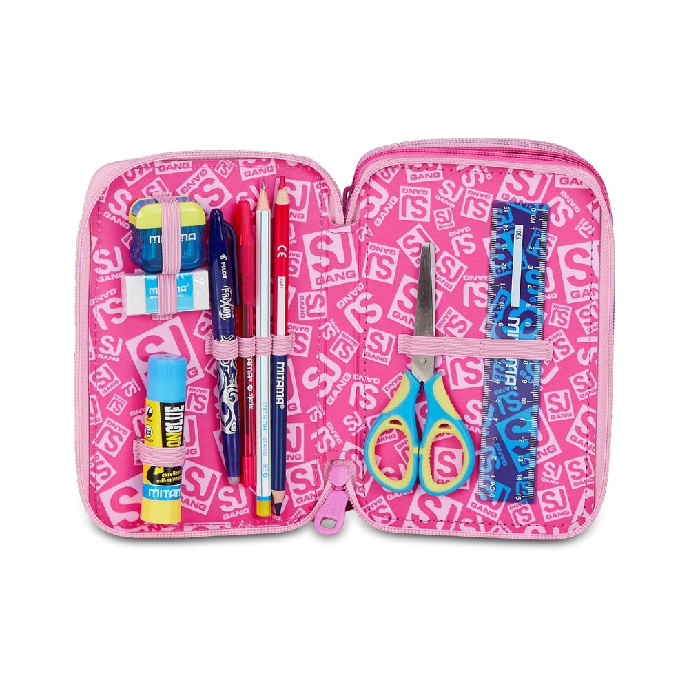 SJ Gang Style Jam Gang Astuccio Scuola 3 Zip Heart Buddy Girl – Rosa, Triplo Scomparto, 45 Pezzi