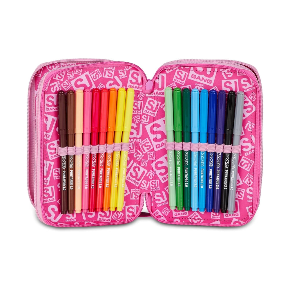 SJ Gang Style Jam Gang Astuccio Scuola 3 Zip Heart Buddy Girl – Rosa, Triplo Scomparto, 45 Pezzi