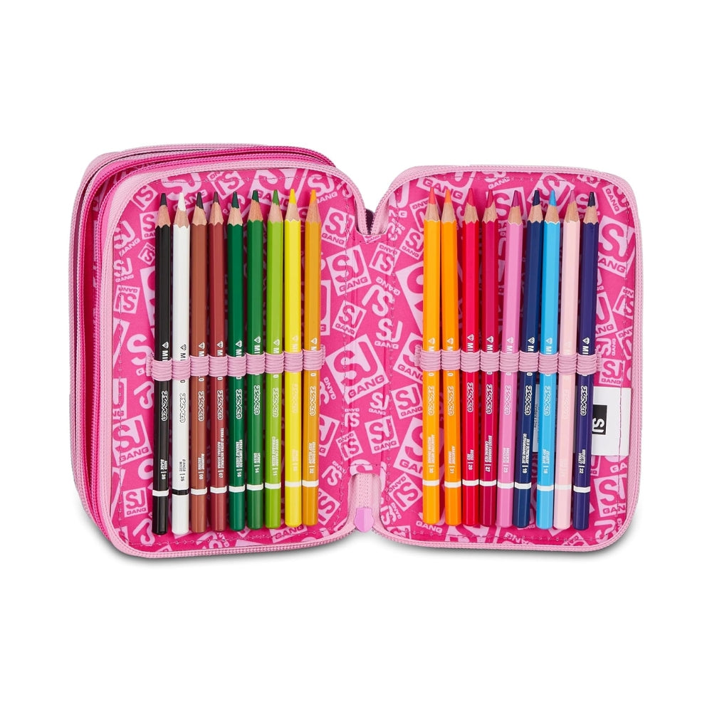 SJ Gang Style Jam Gang Astuccio Scuola 3 Zip Heart Buddy Girl – Rosa, Triplo Scomparto, 45 Pezzi