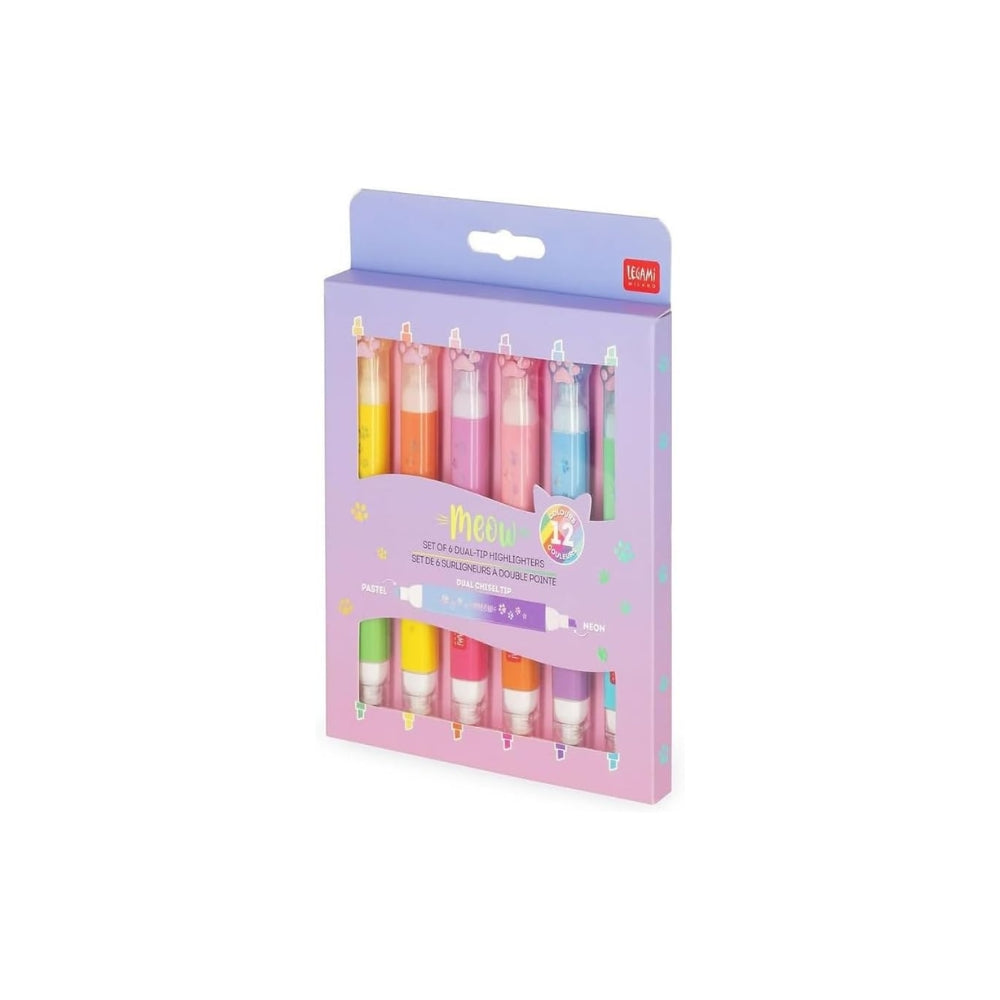 Legami - Set di 6 Evidenziatori Doppia Punta Pastello e Neon, Meow, 6 Pezzi, 12 Colori (1 confezione)