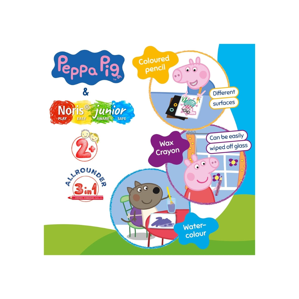 STAEDTLER Noris Junior Peppa Pig – Set 6 Matite Colorate 3 in 1 Pastello a Cera e Acquerellabili