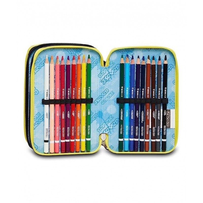 Astuccio Scuola 3 Zip Seven - Fluo Stamp, Multicolore - Attrezzato Con Matite, Pennarelli E Altro