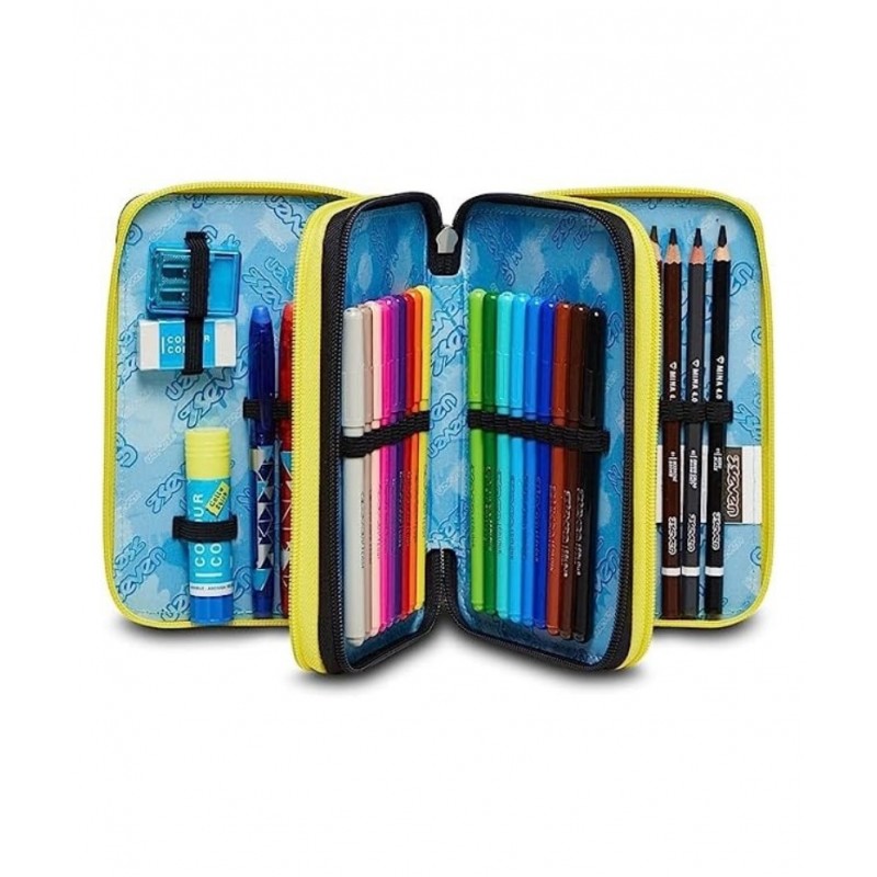 Astuccio Scuola 3 Zip Seven - Fluo Stamp, Multicolore - Attrezzato Con Matite, Pennarelli E Altro