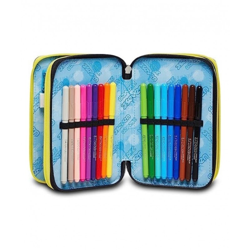 Astuccio Scuola 3 Zip Seven - Fluo Stamp, Multicolore - Attrezzato Con Matite, Pennarelli E Altro
