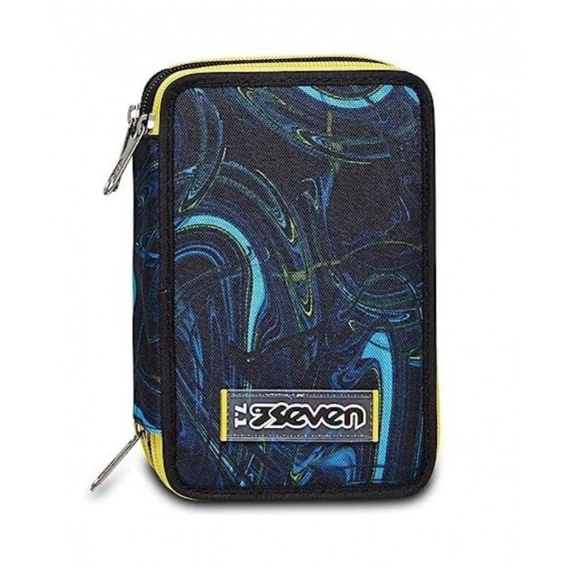 Astuccio Scuola 3 Zip Seven - Fluo Stamp, Multicolore - Attrezzato Con Matite, Pennarelli E Altro