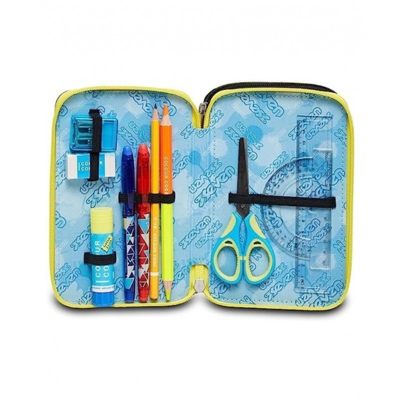 Astuccio Scuola 3 Zip Seven - Fluo Stamp, Multicolore - Attrezzato Con Matite, Pennarelli E Altro