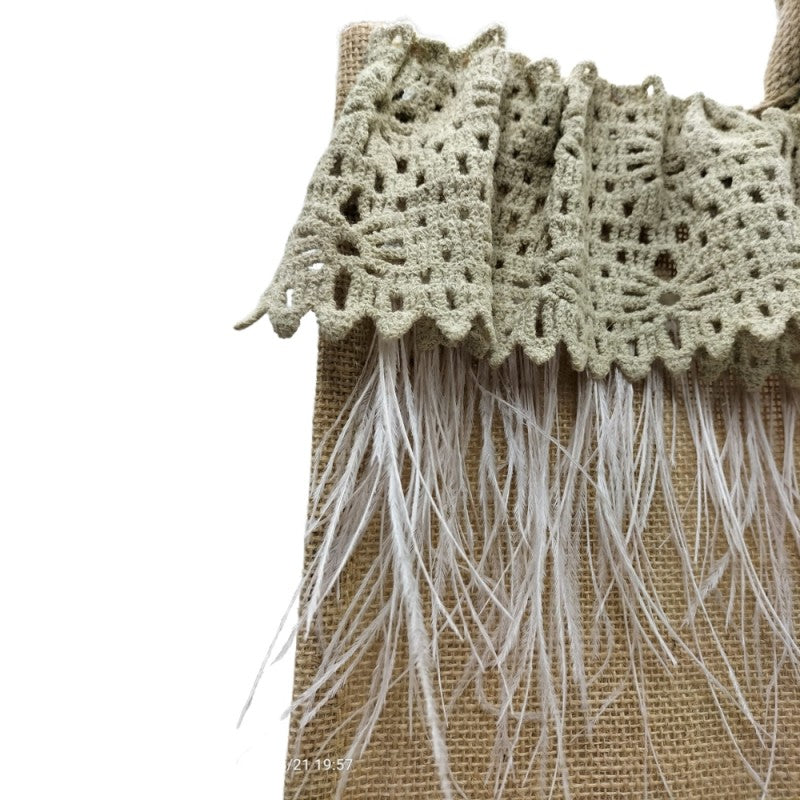 Borsa In Juta Grande Realizzata A Mano Decorata Con Piume Bianche E Rifinita