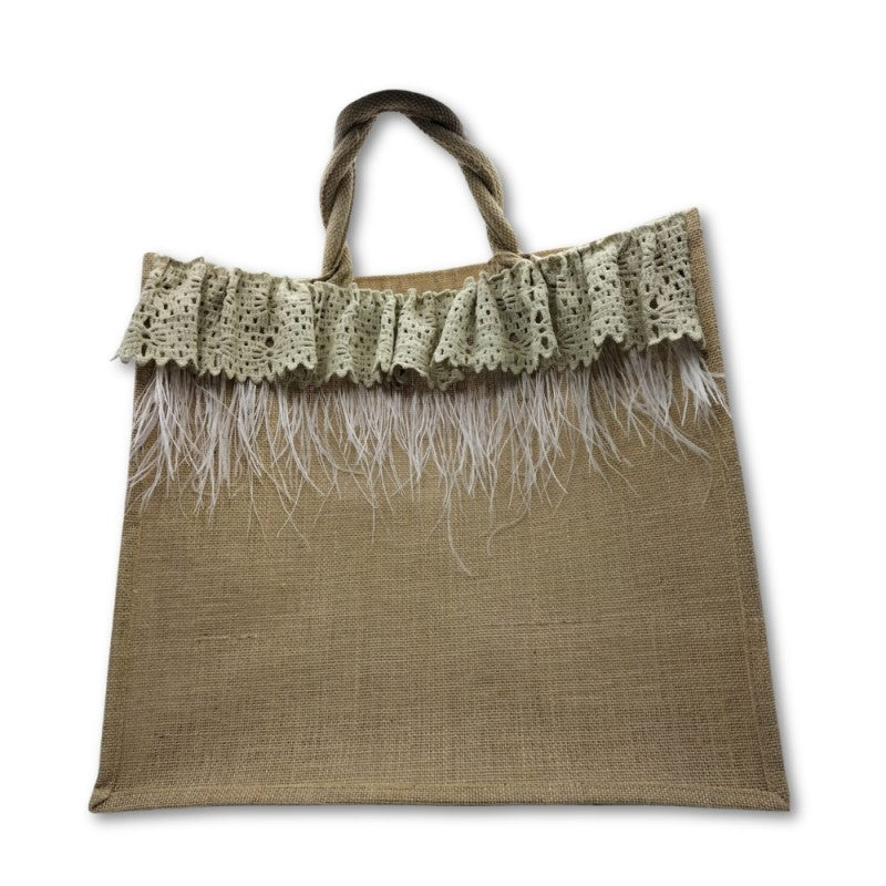 Borsa In Juta Grande Realizzata A Mano Decorata Con Piume Bianche E Rifinita
