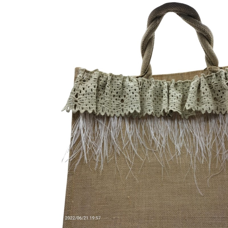 Borsa In Juta Grande Realizzata A Mano Decorata Con Piume Bianche E Rifinita