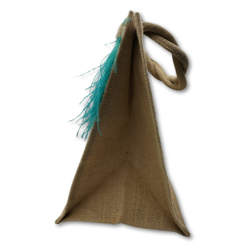 Borsa In Juta Realizzata A Mano Decorata Con Piume Azzurre