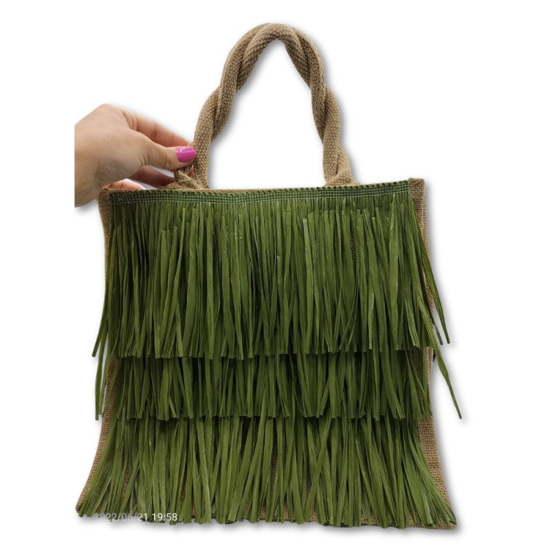 Borsa In Juta Realizzata A Mano Decorata Con Rafia Verde A Balze