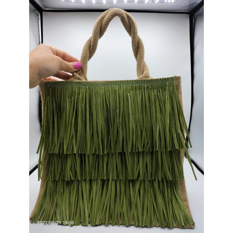 Borsa In Juta Realizzata A Mano Decorata Con Rafia Verde A Balze