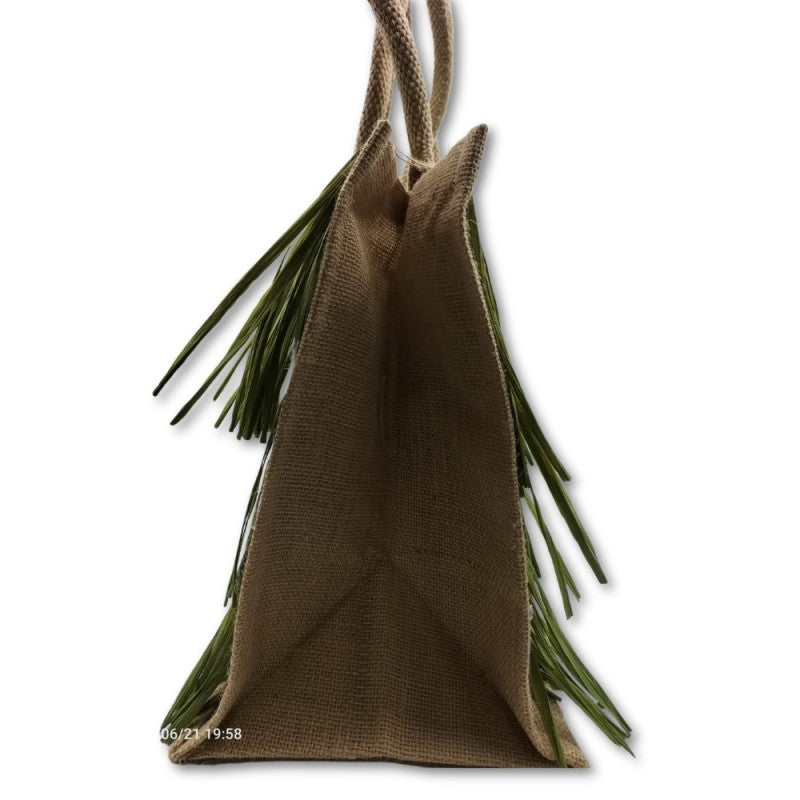 Borsa In Juta Realizzata A Mano Decorata Con Rafia Verde A Balze