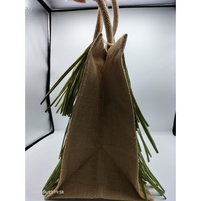 Borsa In Juta Realizzata A Mano Decorata Con Rafia Verde A Balze