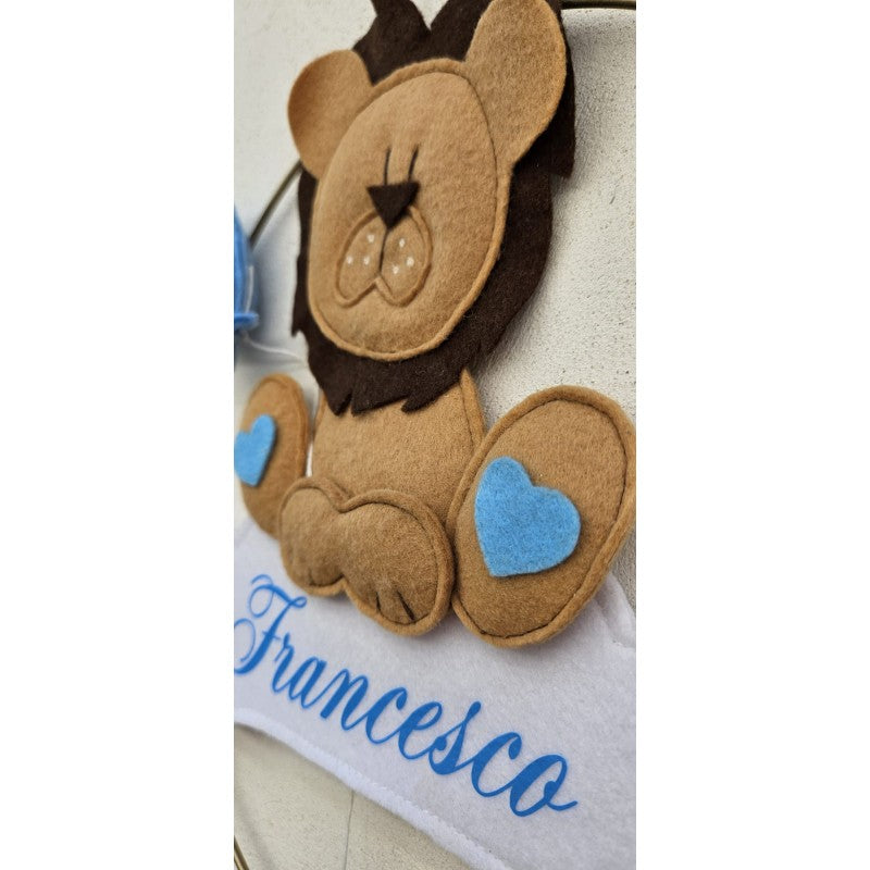 Cerchio Nascita Azzurro Con Leoncino - Personalizzabile