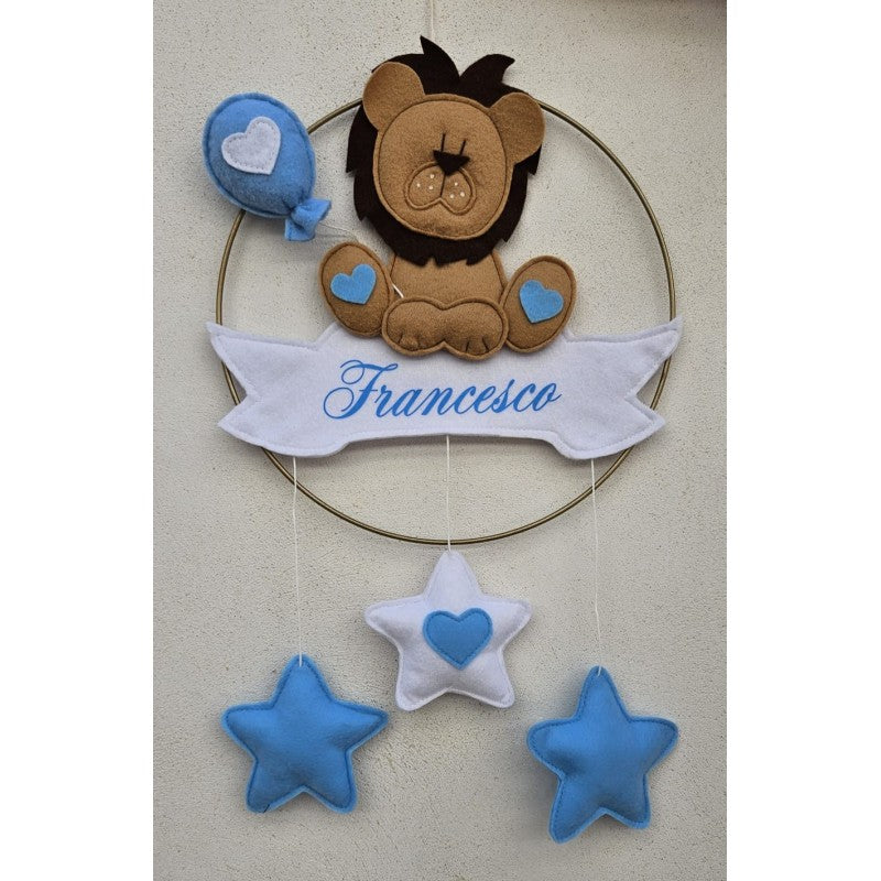 Cerchio Nascita Azzurro Con Leoncino - Personalizzabile