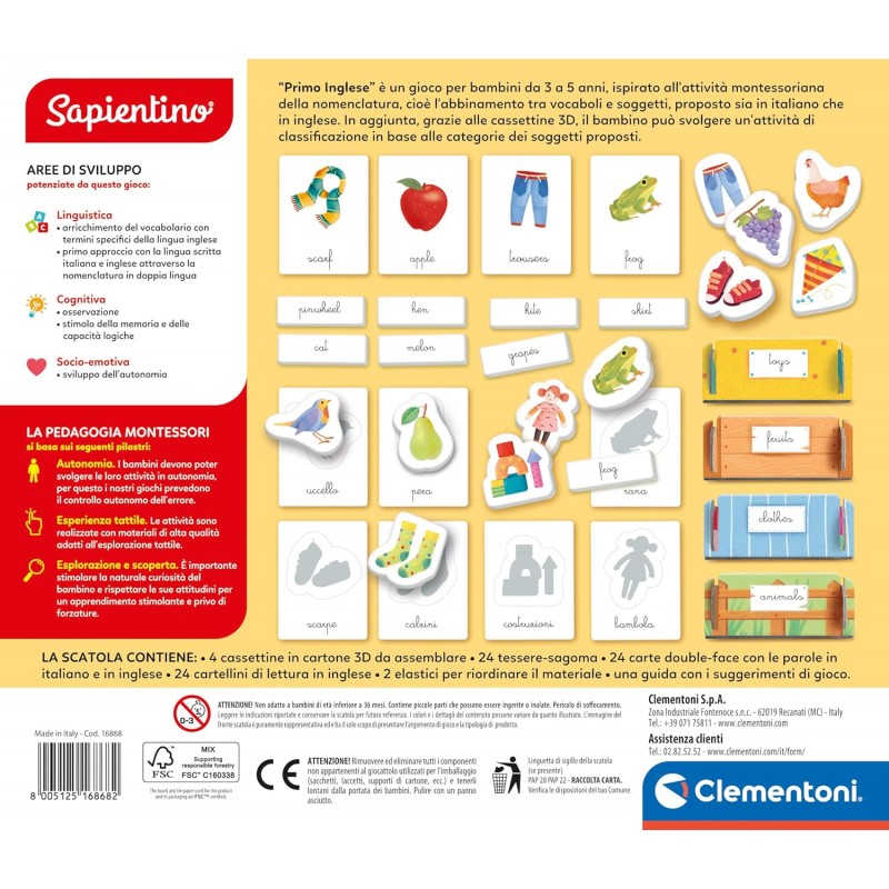 Clementoni Sapientino Montessori - Primo Inglese - Gioco Montessori 3 Anni, Gioco Educativo Per Imparare Inglese, Flashcards