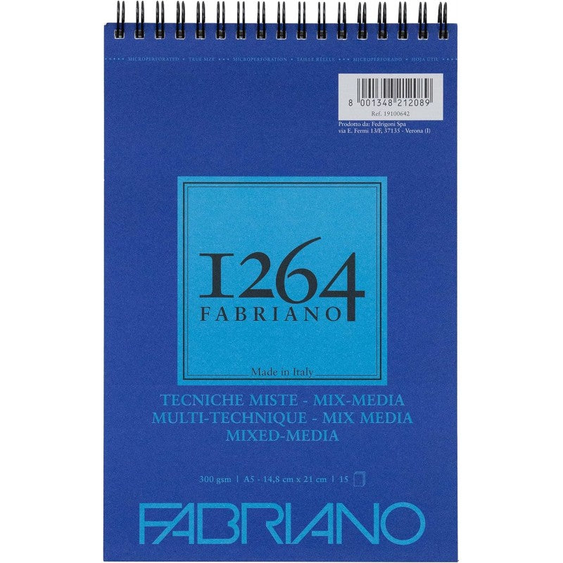 Fabriano Blocco 1264 Tecniche Miste Spiralato Lato Corto - 300gsm - A5 - 15 Fogli