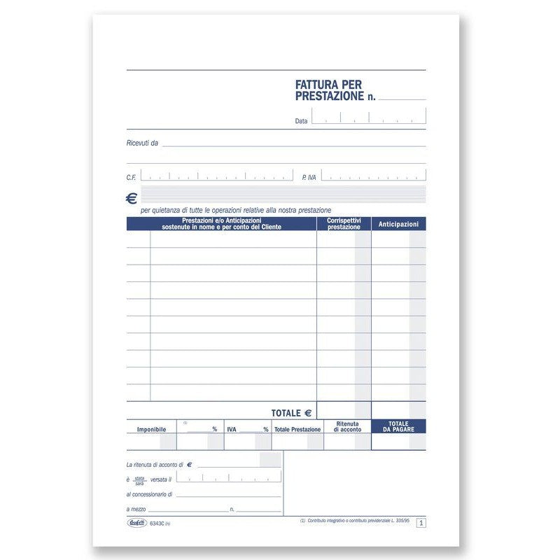 Fatture Per Prestazioni Professionali - Blocco 50/50 Fogli Autoricalcanti - 21,5x14,8 Cm