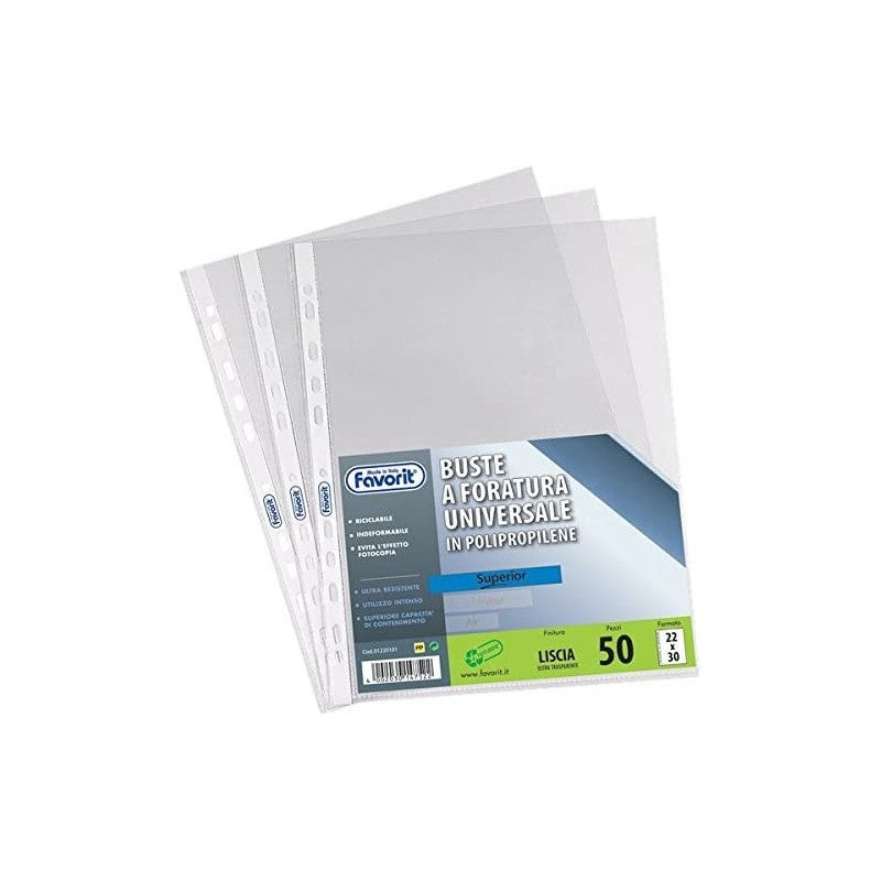 Favorit Buste A Foratura Universale In Polipropene Spessore Superior - 22x30 - 50 Pz - Lisce