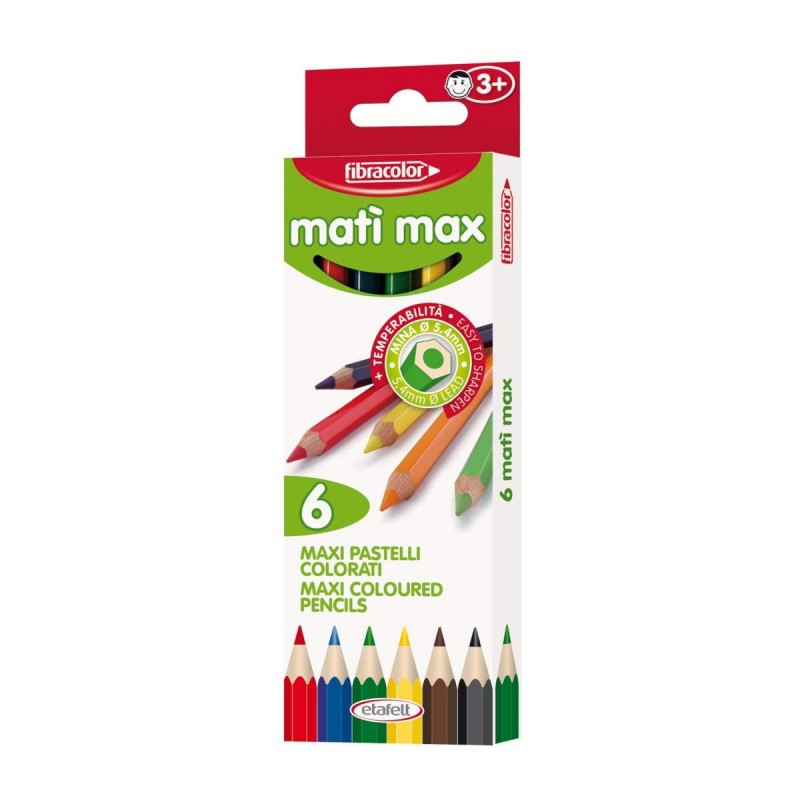 Fibracolor Mati' Max - Pastelli In Legno Esagonale - Punta Grossa - Confezione Da 6 Pz