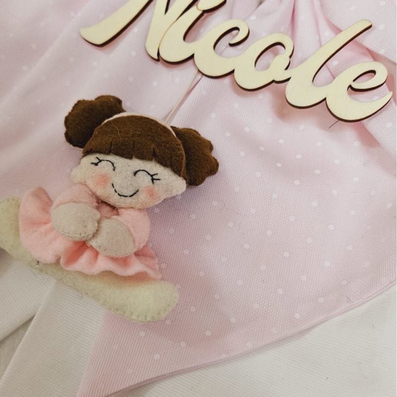 Fiocco Nascita Ballerina Rosa A Pois - Con Nome In Legno