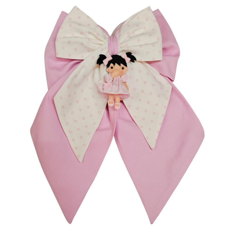 Fiocco Nascita Bambolina Rosa E Bianco A Pois