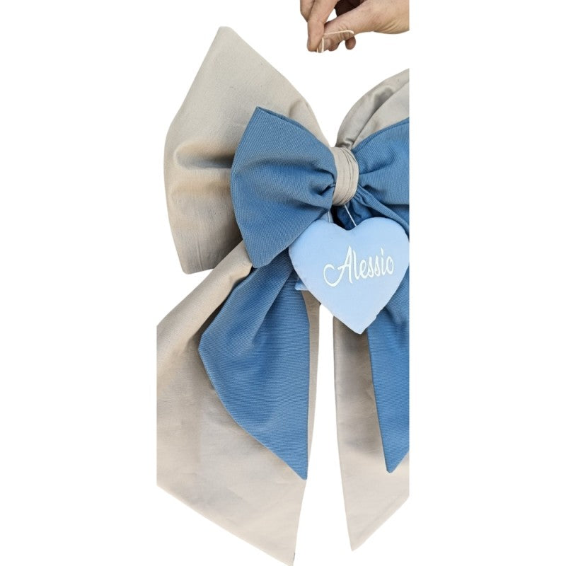Fiocco Nascita Con Cuore Personalizzato - Azzurro/beige