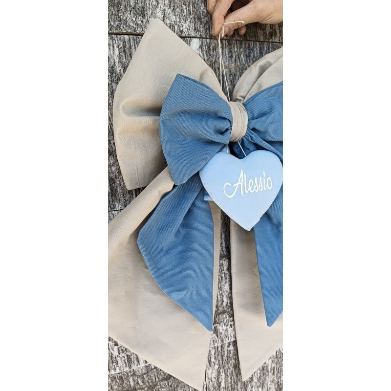 Fiocco Nascita Con Cuore Personalizzato - Azzurro/beige