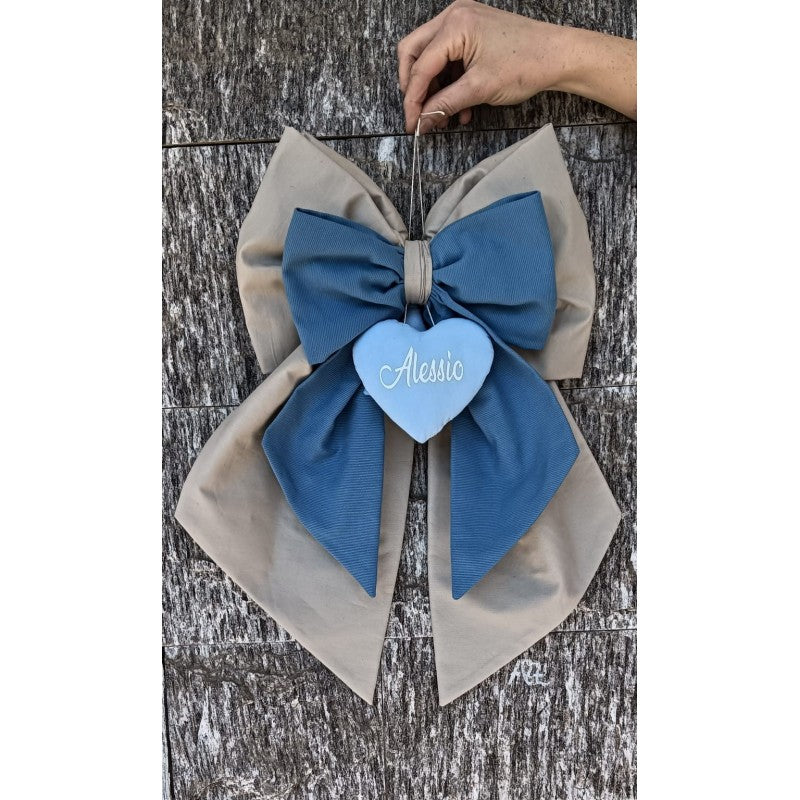 Fiocco Nascita Con Cuore Personalizzato - Azzurro/beige