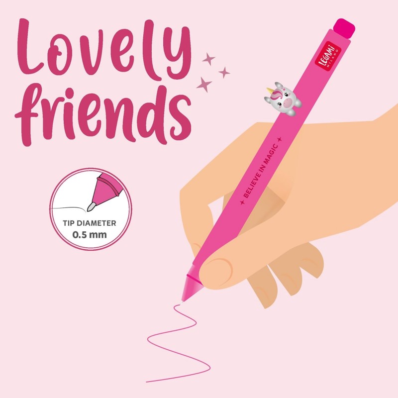 Legami - Penna Gel Con Animaletto Decorativo - Lovely Friends, Inchiostro Rosa, Tema Unicorn