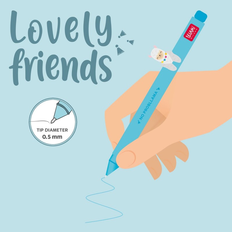 Legami - Penna Gel - Lovely Friends, Animaletto Decorativo Rimovibile, Inchiostro Azzurro, Tema Lama