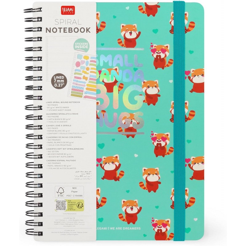 Legami - Quaderno A Righe Con Spirale Large - Formato A5, Spiral Notebook, 15 X 21 Cm, Tema Red Panda
