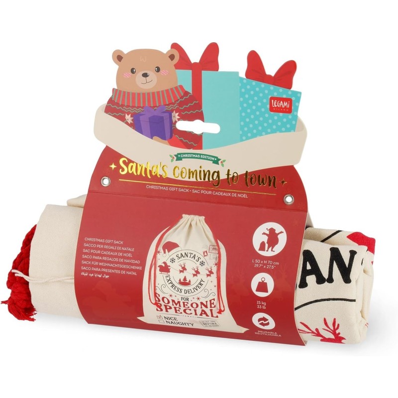 Legami - Sacco Per Regali Di Babbo Natale, 50 X 70 Cm, Con Coulisse, Resistente, Riutilizzabile
