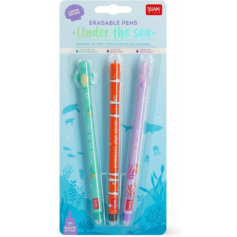 Legami - Set Di 3 Penne Gel Cancellabili, Under The Sea, Punta 0,7 Mm