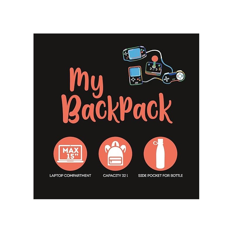 Legami - Zaino Viaggio Scuola 32 L, My Backpack, Foderato E Imbottito, 35 X 45 X 20 Cm - Game Lover