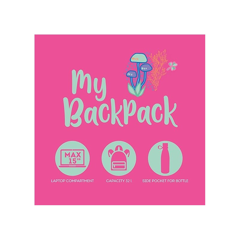 Legami - Zaino Viaggio Scuola 32 L, My Backpack, Foderato E Imbottito, 35 X 45 X 20 Cm - Mushrooms